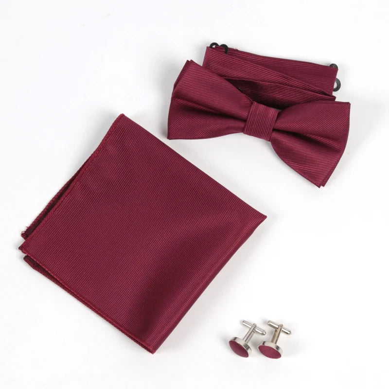 Men's Solid Bow Tie Sets Including Exquisite Cufflinks Soft Qme Burgundy