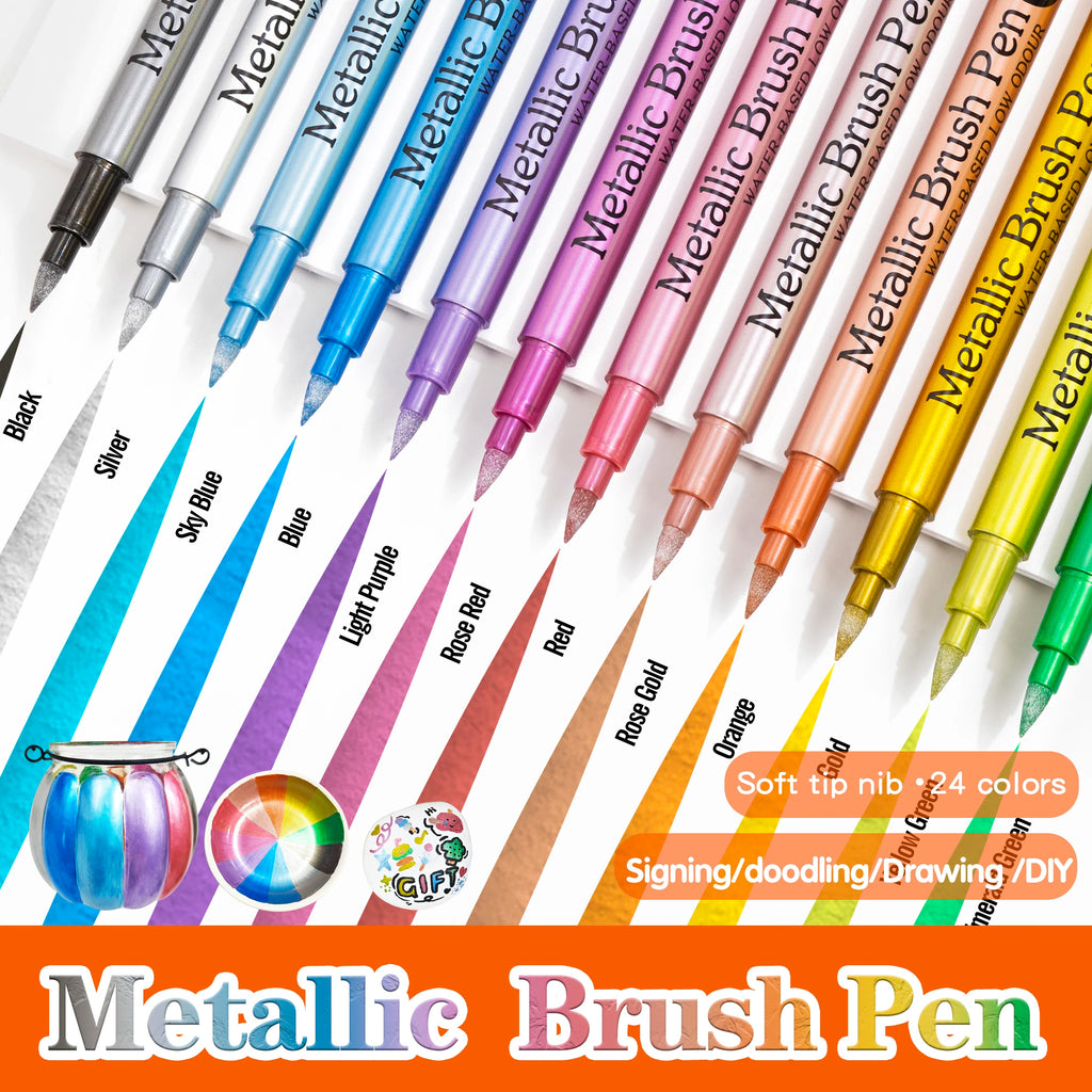 24 Colors Metallic Marker Pens Waterproof Permanent Paint Pen for Black Paper Glass Rock DIY Craft Scrapbook Art Supplies Qme