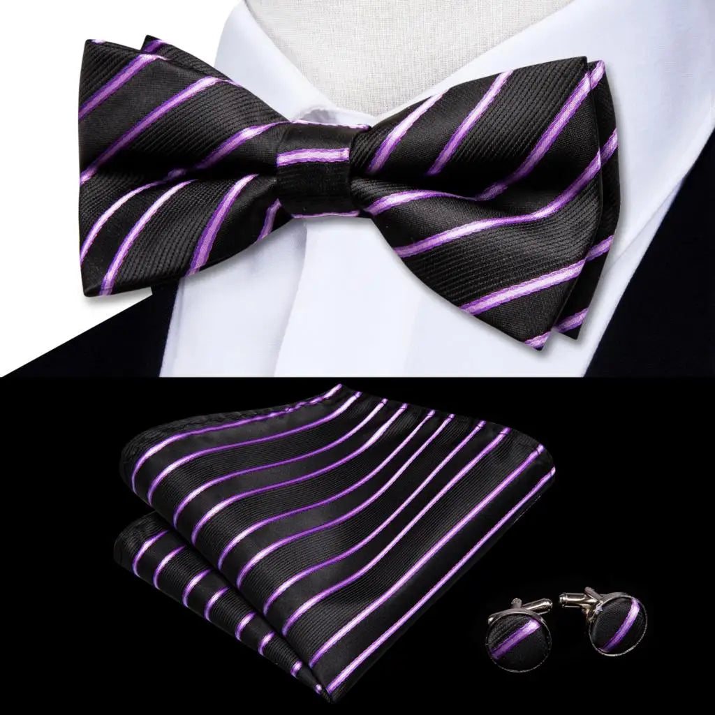 Purple Lilac Lavender Pansy Violet Silk Mens Bow Tie Hanky Cuffs Set Pre-tied Butterfly Knot Bowtie for Male Wedding Business Qme LDLH0567
