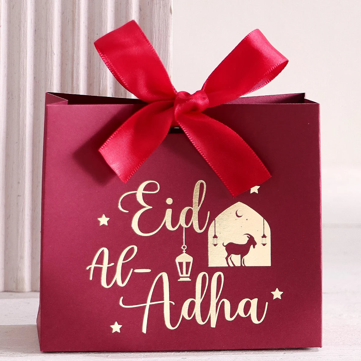 5 Eid Al-Adha Gift Boxes, Beautiful Sheep and Calligraphy Text Design, Pastel Colors, Ribbon Handles, Perfect for Eid Al-Adha Pa Qme 5pcs-red-red