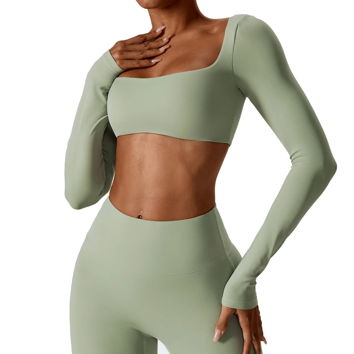 A Summer Casual Quick Dry Sportswear Women Square Neck Gym Top Women Fitness Sports Crop Top Long Sleeve Yoga Clothing Qme
