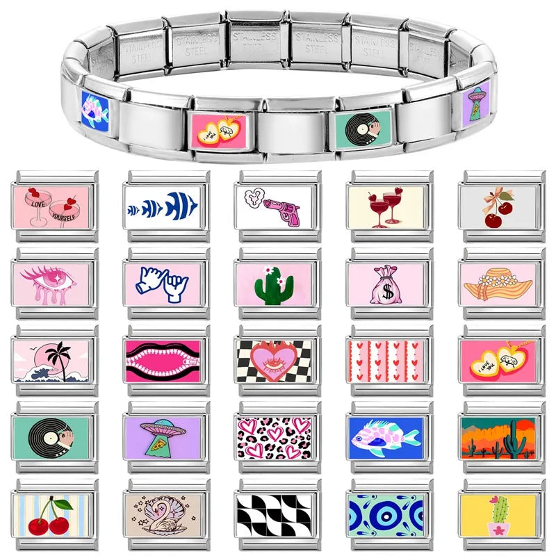 New Y2K Design Pink Heart Leopard CD Lips Hat Italian Charm Links Fit 9mm Stainless Steel Bracelet Women Men DIY Making Gift Qme