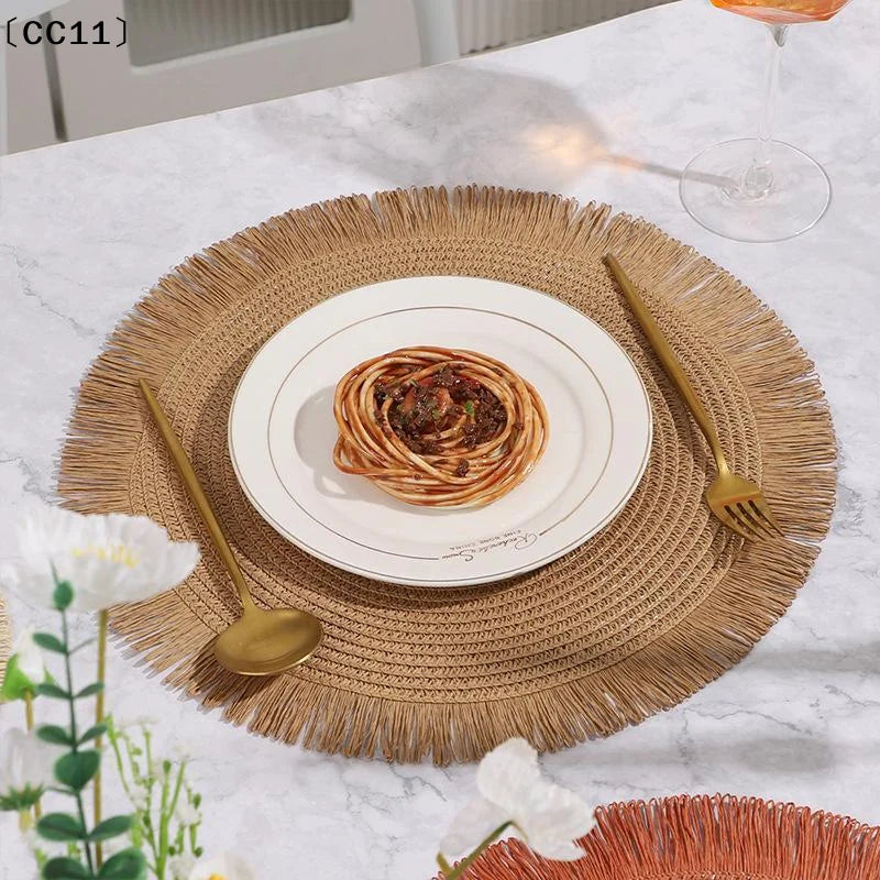 Woven Rattan Round Placemat Handmade Fringe Edge Heat Resistant Home Qme