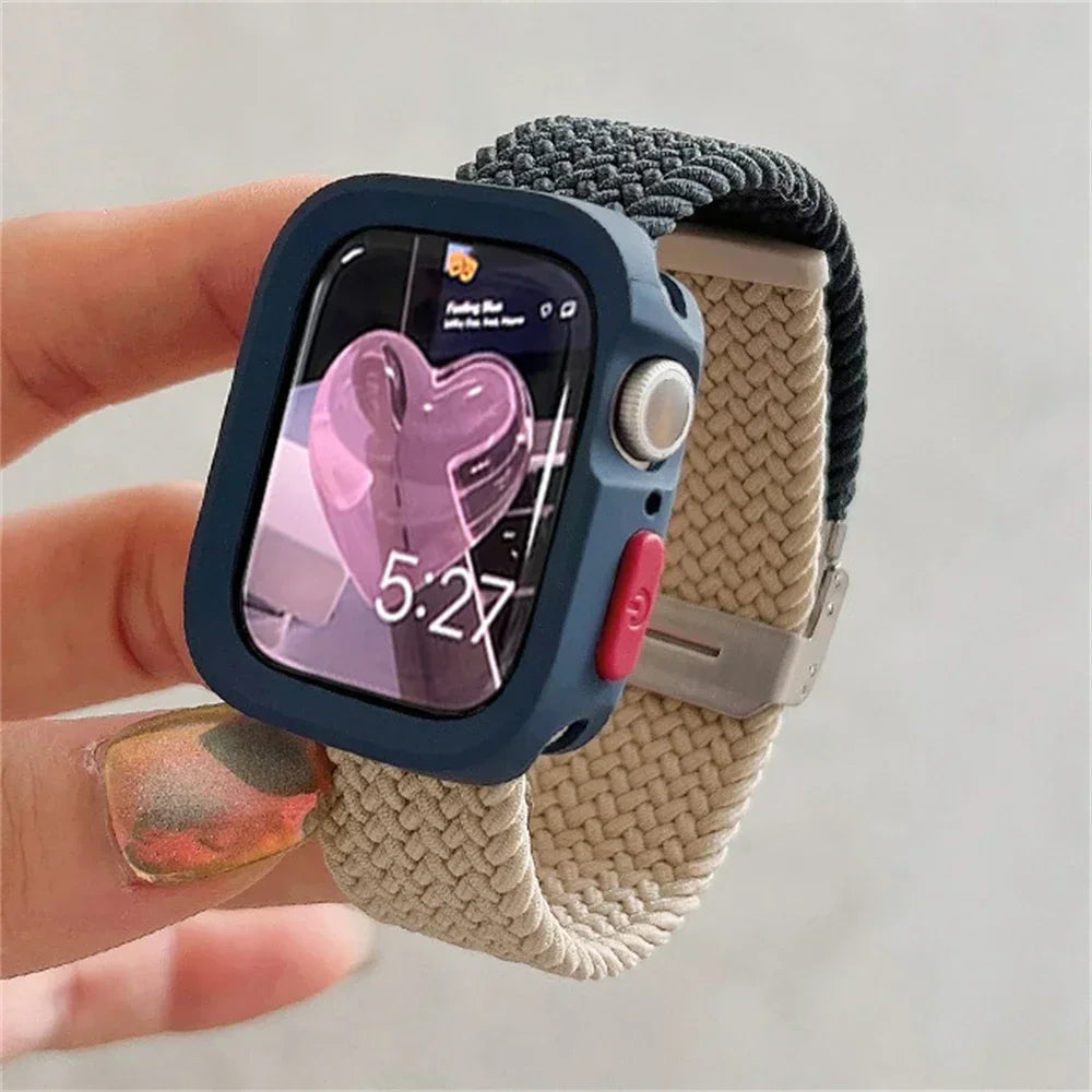 Candy Silicone Case+Strap For Apple Watch Series 9 8 7 45mm 41mm Band SE 6 5 4 44mm 40mm Nylon correa Strap iwatch Ultra 2 49mm Qme Starlight Navy For Series456SE 40MM