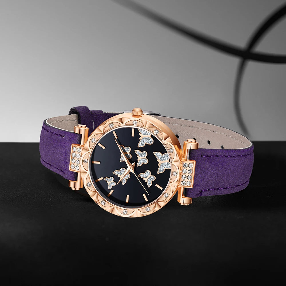 Rose Gold Ladies Purple Leather Watch Set Black Butterfly Glitter Dial Full Matching Purple Butterfly Pearl Jewelry Qme