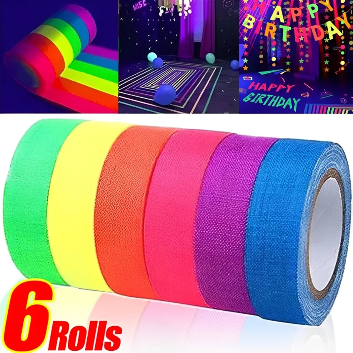 6-Pack Neon Fluorescent Tape Set 6 Vibrant Colors Uv Reactive For Black Light Parties & Crafts Qme