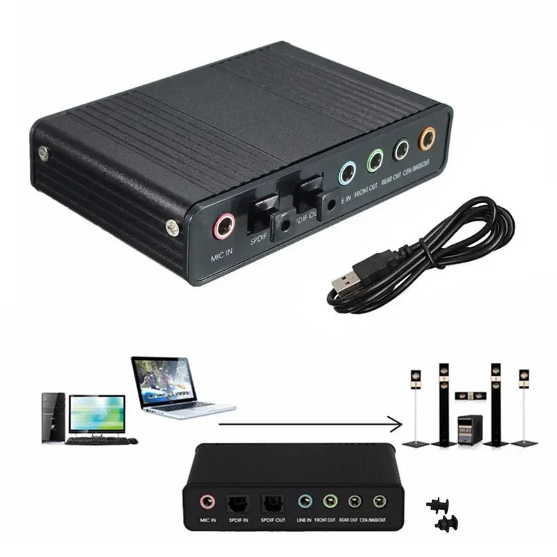 Professional External USB Sound Card Channel 5.1 Optical Audio Card Adapter Audio Driver for PC Computer Laptop Qme black