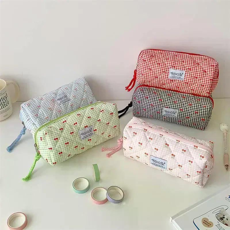 Cute Cherry Plaid Large Capacity Pencil Case Student Stationery Bag Qme