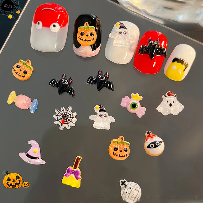 30pcs Halloween Nail Art Charm 3D Kawaii Pumpkin Ghost Halloween Resin Decorations Cartoon Clown Mini Figurines Resin Nail DIY Qme