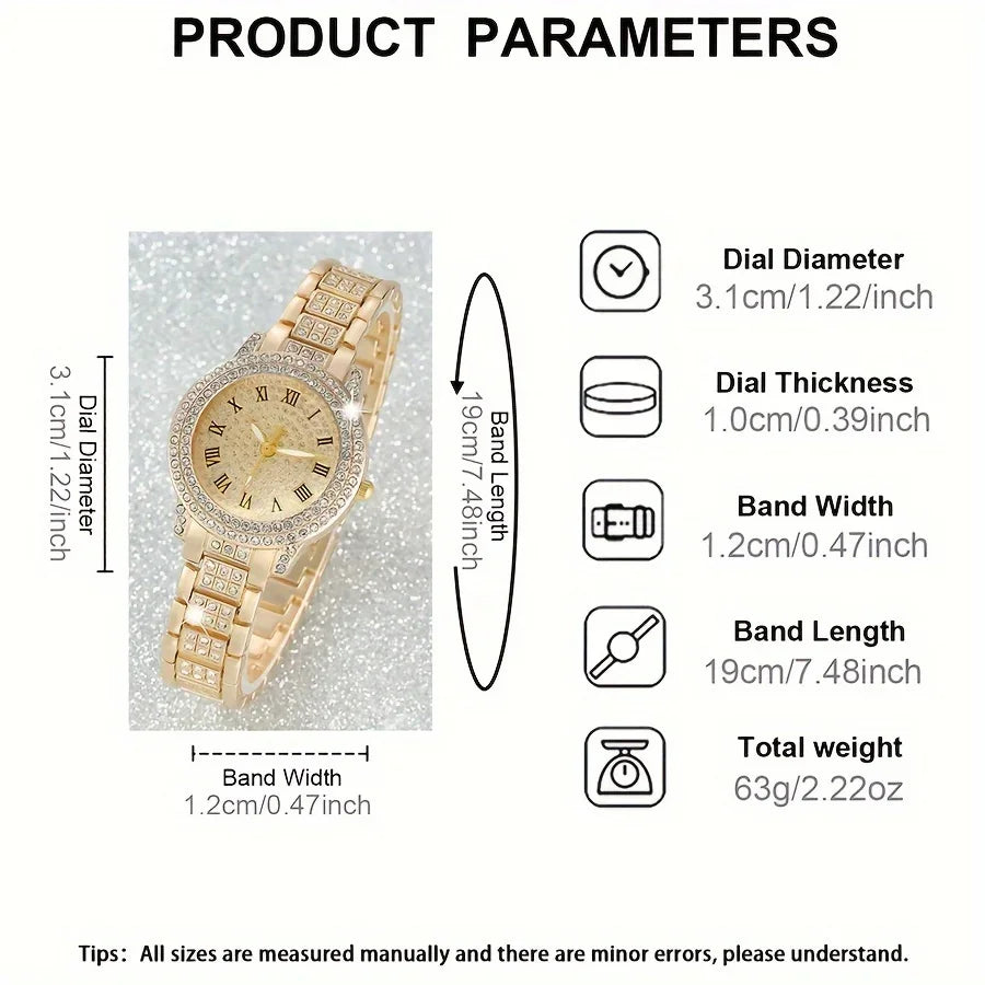 6pcs/set Women's Luxury Rhinestone Quartz Watch Golden Fashion Analog Wrist Watch & Bracelets, Gift For Mom Her Qme