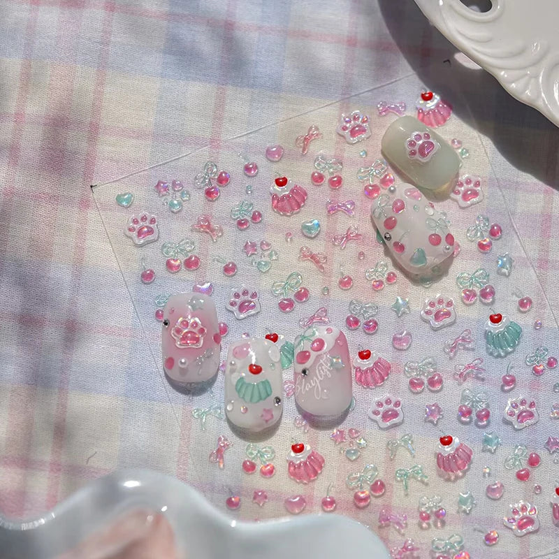 Fresh Sweet Fruits Strawberry Cherry Bowknot Love Heart Bow 5D Nail Qme