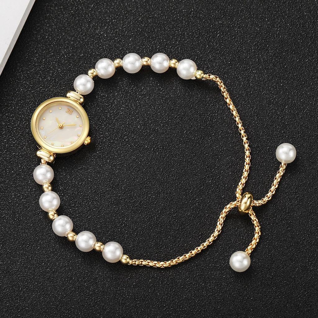 Women's Elegant Gold Jewelry Set, Pearl Band Quartz Watch with Mother-of-Pearl Dial and Heart Diamond Bangle Qme