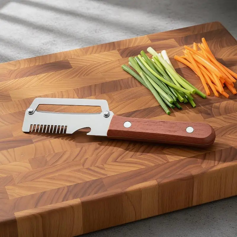 Multifunctional Stainless Steel Peeler Wooden Handle 3-in-1 Scallion Qme