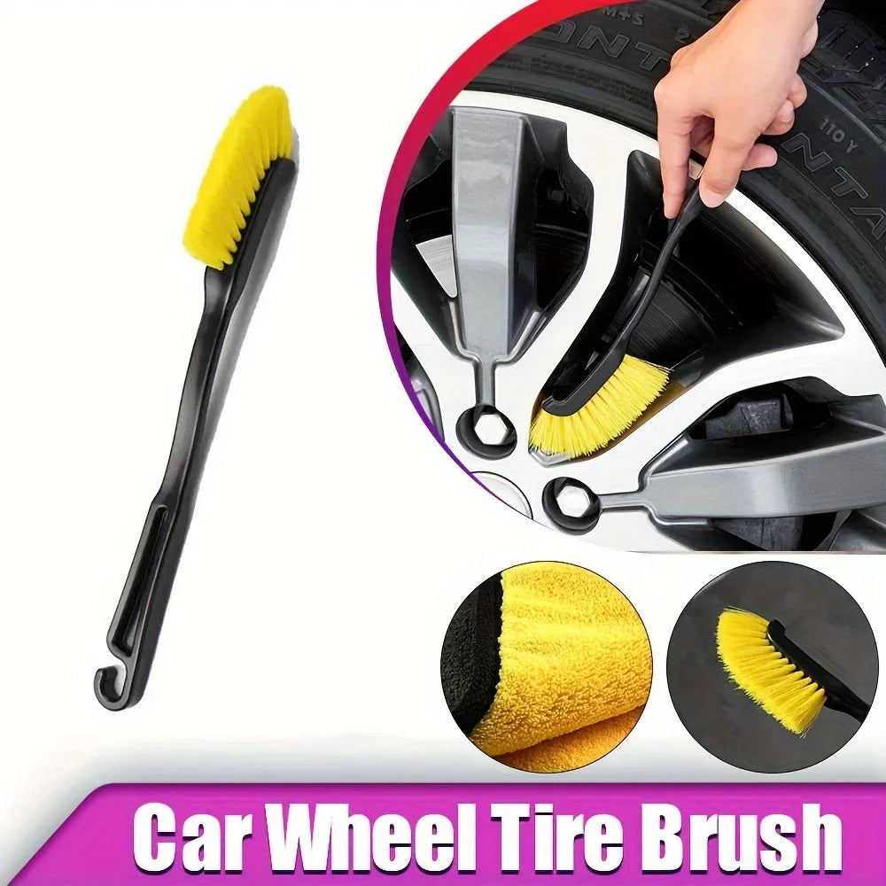 1pc Multi-Use Car Wheel Brush, Yellow Bristle Detailing Brush with Black Handle - Essential Washing Tool for Cleaning Qme