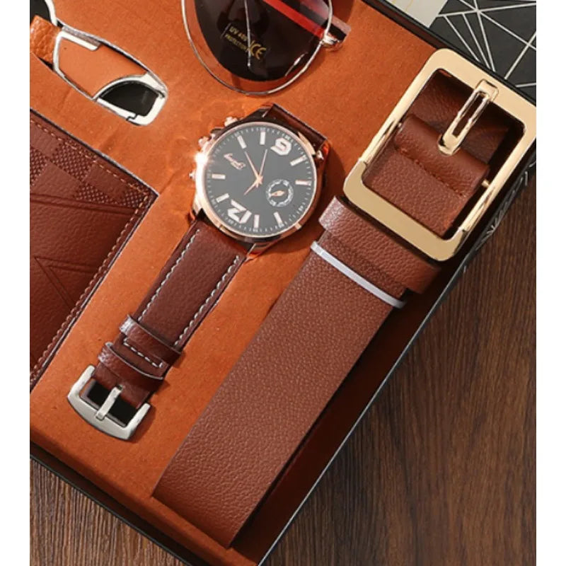 New Mens Watch Set with Gift Box 5 Pieces Key Chain Sunglasses Belt and Wallet Set for Men Gift for Him Boyfriend Dad Husband Qme