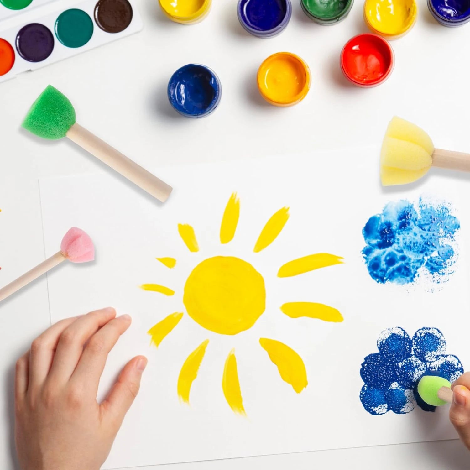 Foam Sponge Brush with Wooden Handle Round Flower Multi Size Painting Tools for Kids Children DIY Acrylic Watercolor Varnishes Qme