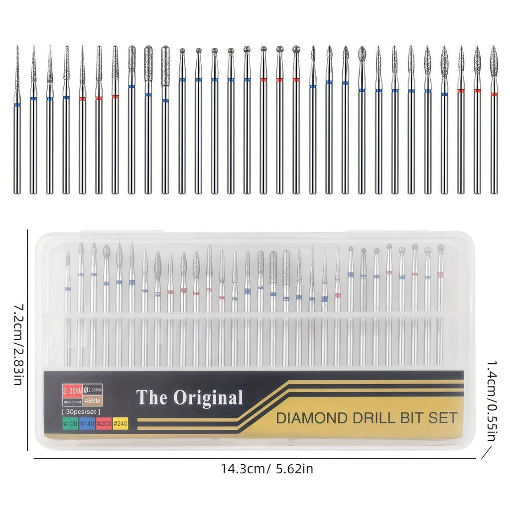 30Pcs Hypoallergenic Diamond Nail Drill Bits Set, Carbide Cuticle Drills for Dead Skin Removal, Manicure Tools Kit Qme