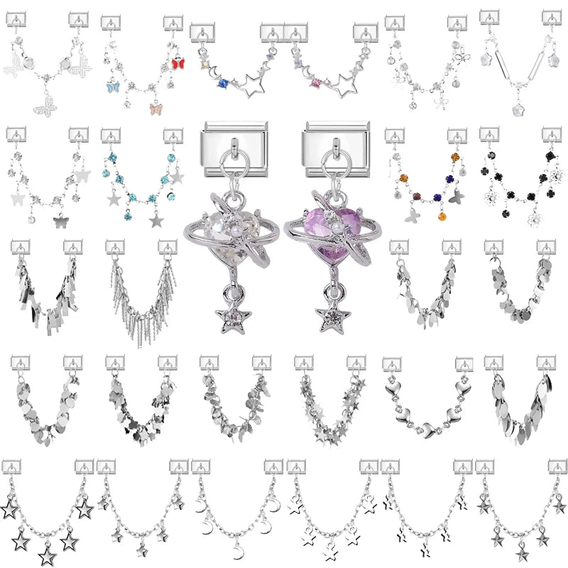 2026 New Sweet Heart Zircon Pendant Stars Tassel Chain DIY Making Bracelet Women Men Stainless Steel 9mm Italian Charm Links Fit Qme