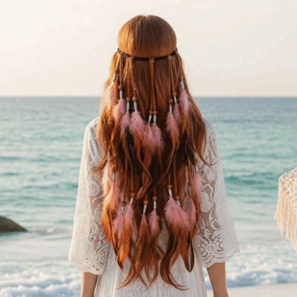 Synthetic Braided Cord Boho Feather Headpiece Vibrant Orange Plumage Adjustable Slide Bead Tribal Hair Extension Secure Fit Band Qme
