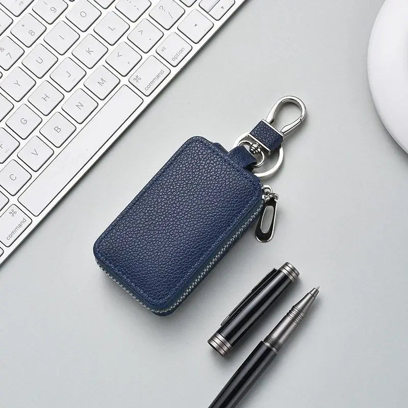 High-end Leather Key Case Unisex Zipper Lock Pouch Perfect Car Home Qme Blue