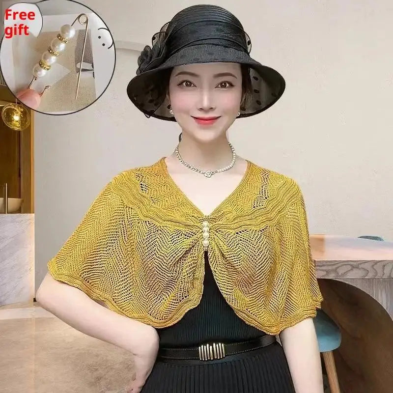 Fashion Knitted Shawl Brooch Hollow Out Summer Air Conditioning Fake Qme Yellow