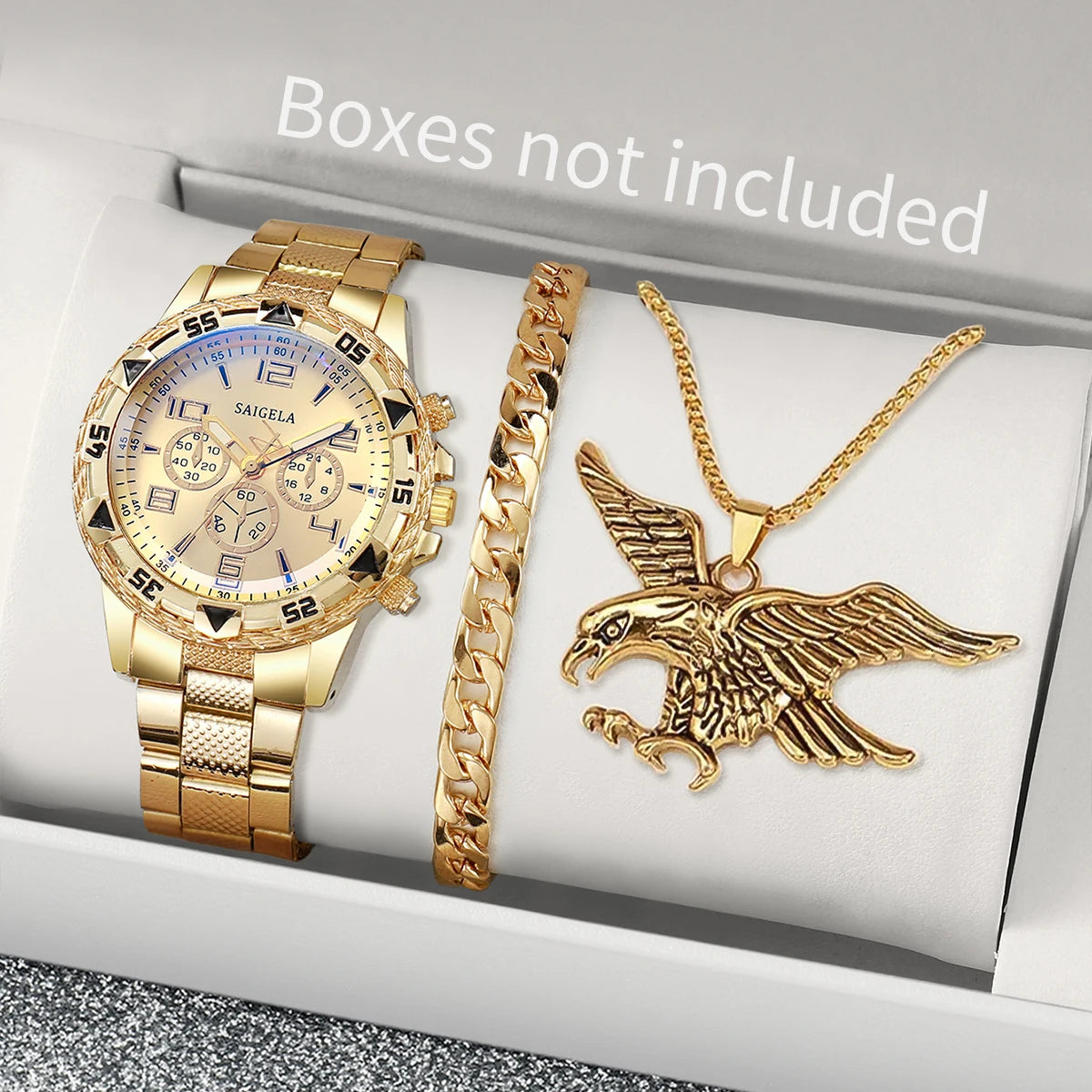3PCS Blue light glass men's business watch, steel strap quartz watch, digital three eye watch+eagle jewelry Qme Gold Gold No Box