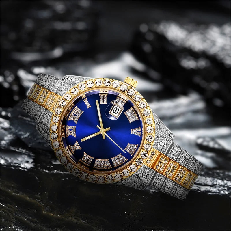 Hip hop Watch Male watch luxury water proof Brand watches Stainless steel Round Clock Men quartz wristwatches Gift boyfriend Qme silver gold blue