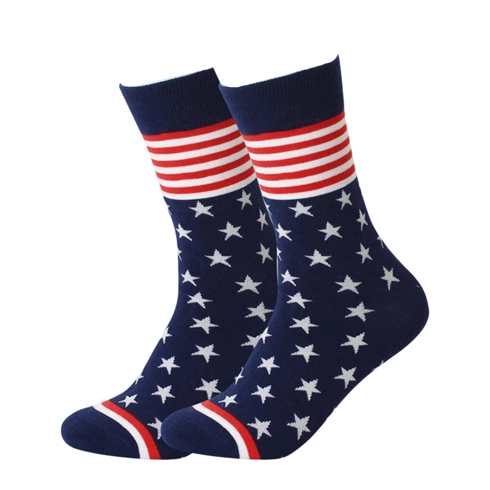 Men's American Independence Day Theme Mid-length Socks Color Blocked Striped Casual and Versatile Elastic Cotton Middle Socks Qme Navy One Size