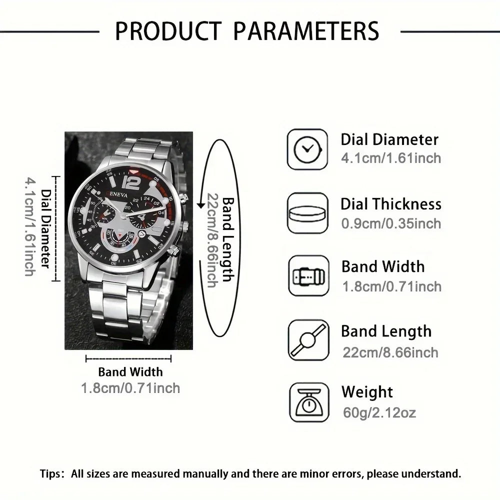 3PCS/Set Men's Quartz Watch with Calendar Feature, Fashionable Non-Waterproof Round Dial, Zinc Alloy Case & Strap Qme