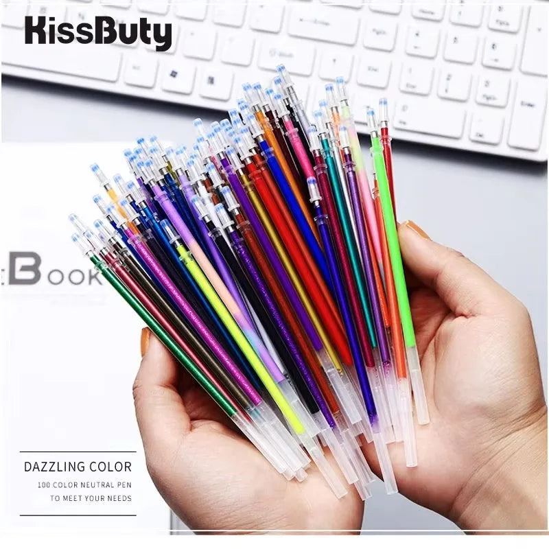 100 Colors Gel Pen Refills Glitter Metallic Pastel Fluorescence Neon Pen Ink Refills for Coloring Books Scrapbooking Qme