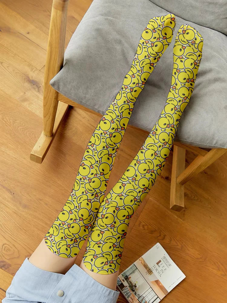 Fashion Yellow Cartoon Duck Women's Stockings 3d Printing Harajuku Qme