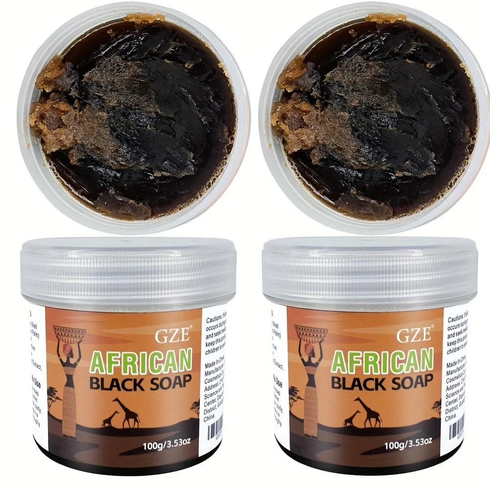 2 Pack GZE African Black Soap 3-in-1 Face, Hair, and Body Cleanser - Deeply Cleanses and Moisturizes Skin and Hair - Handmade Qme African Black Soap African Black Soap
