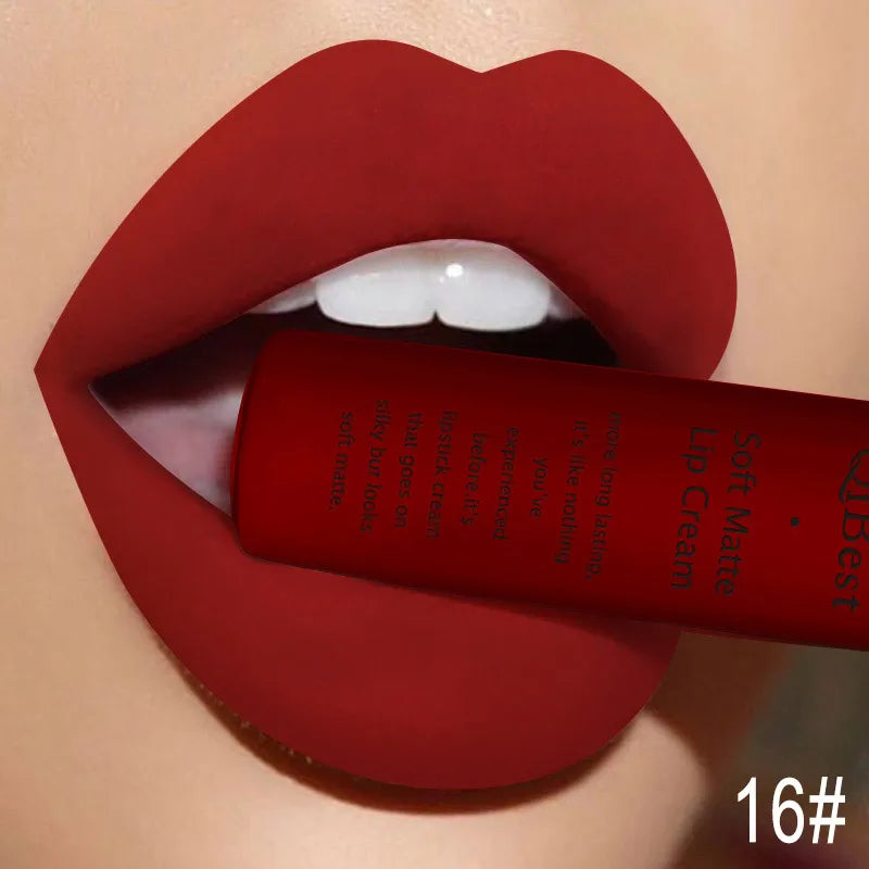 QIBEST Waterproof Matte Nude Liquid Lipstick Pigment Dark Red Black Long Lasting Liquid Lipstick Women Makeup Lipgloss Lip Tint Qme 16