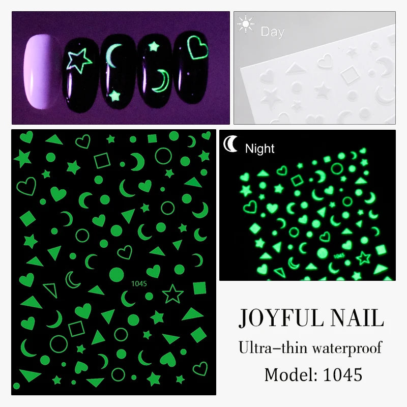 1 Sheet Glow Dark Nail Art Sticker Snowflake Flame Old English Qme 1045