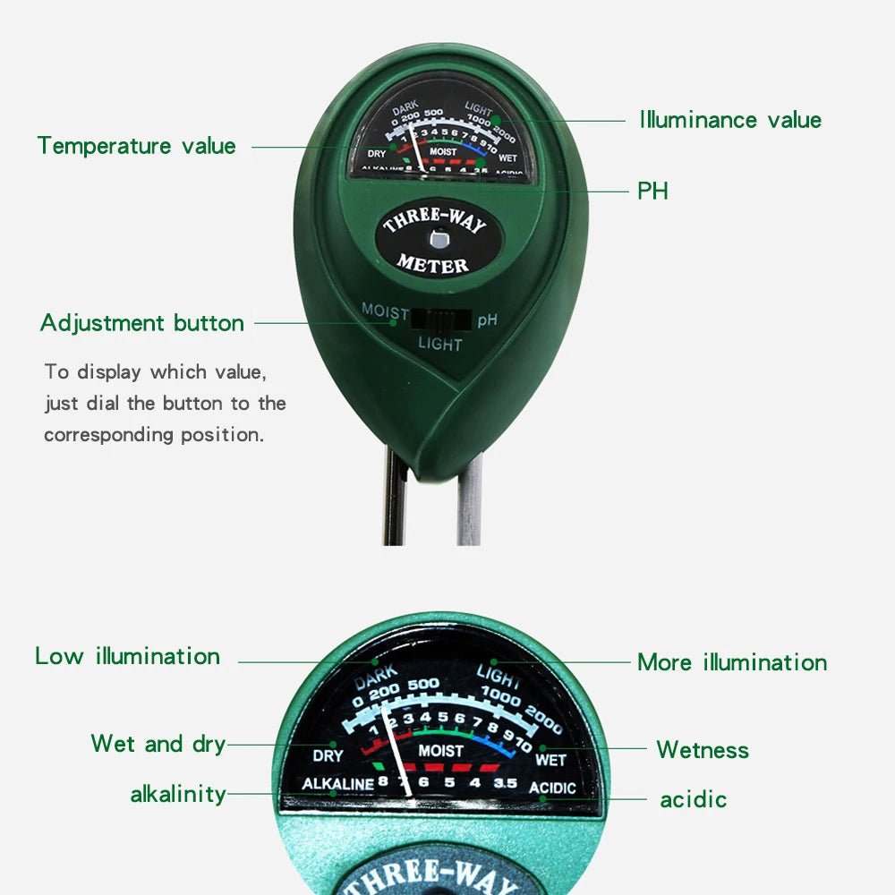 3in1 Soil Garden PH Meter Sunlight PH Tester Garden Flowers Soil Moisture Sensor Plants Acidity Humidity PH Monitor Detector Qme