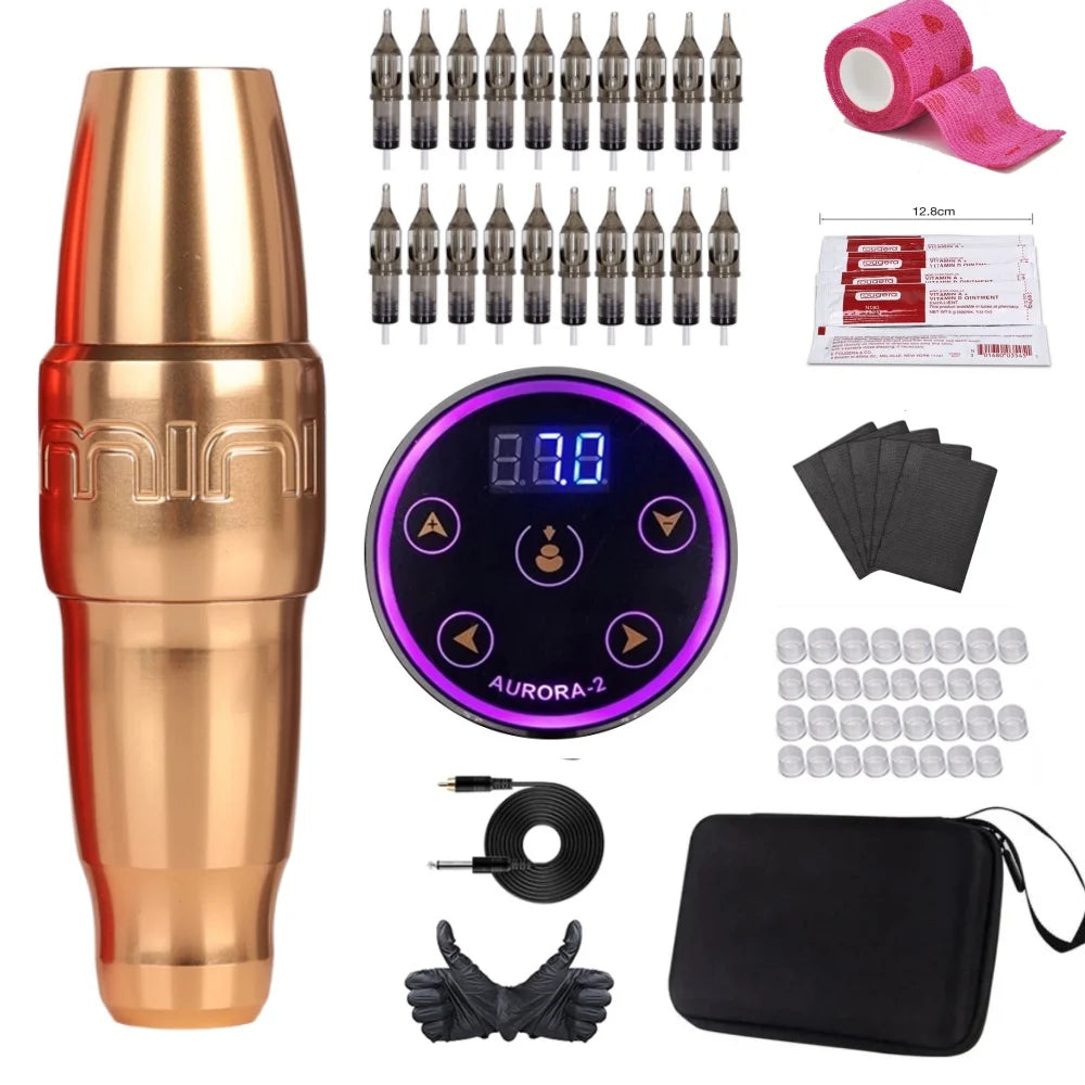 FK Mini PMU Coreless Motor Tattoo Machine Kit with LCD AURORA 2 Power Supplies 20Pcs RL RM PMU Cartridge Needles Qme Gold Pen Kit