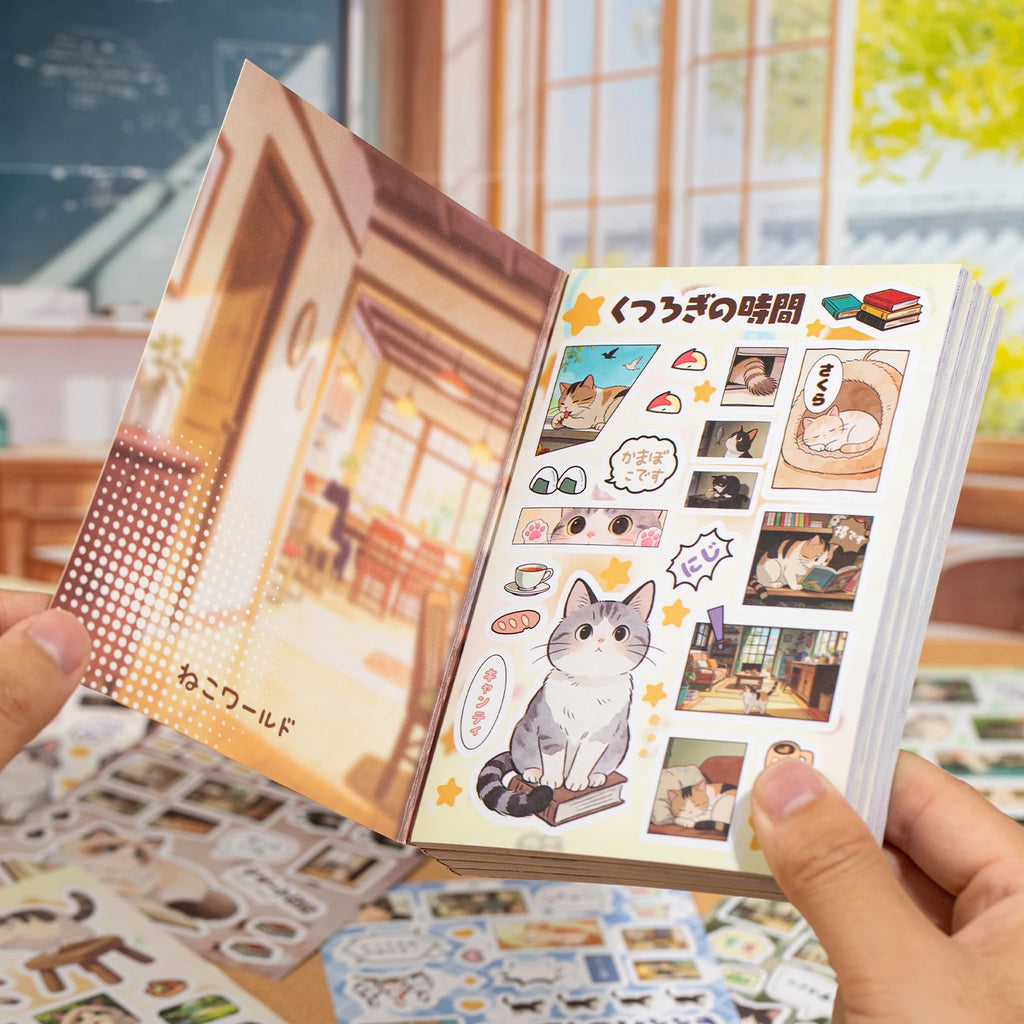 Japanese Wabi-Sabi Daily Cat Sticker Book, Cute Feline Film-Style Stickers for Journal Collage & Lazy Home Life Scrapbooking Qme
