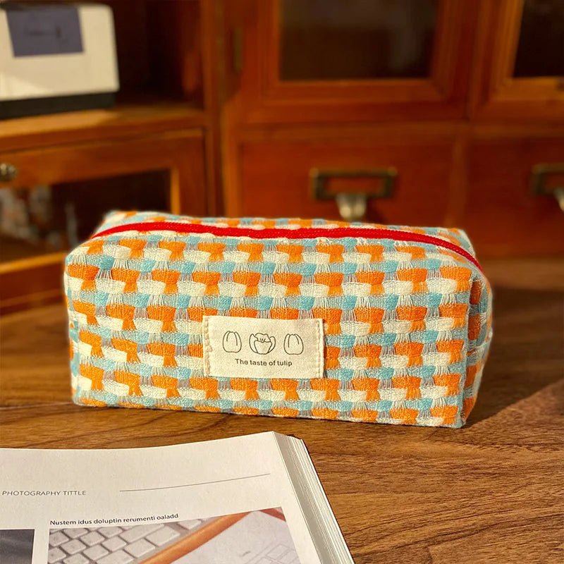 Japanese Rainbow Weave Pouch Simple Large Sturdy Stationery Bag Qme orange