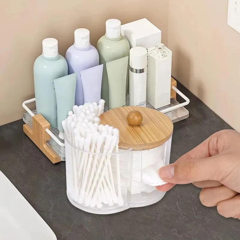 Holder with Dual Compartments - Clear Cotton Swab and Cotton Balls Organizer - Transparent Bathroom Storage Container for Makeup Qme