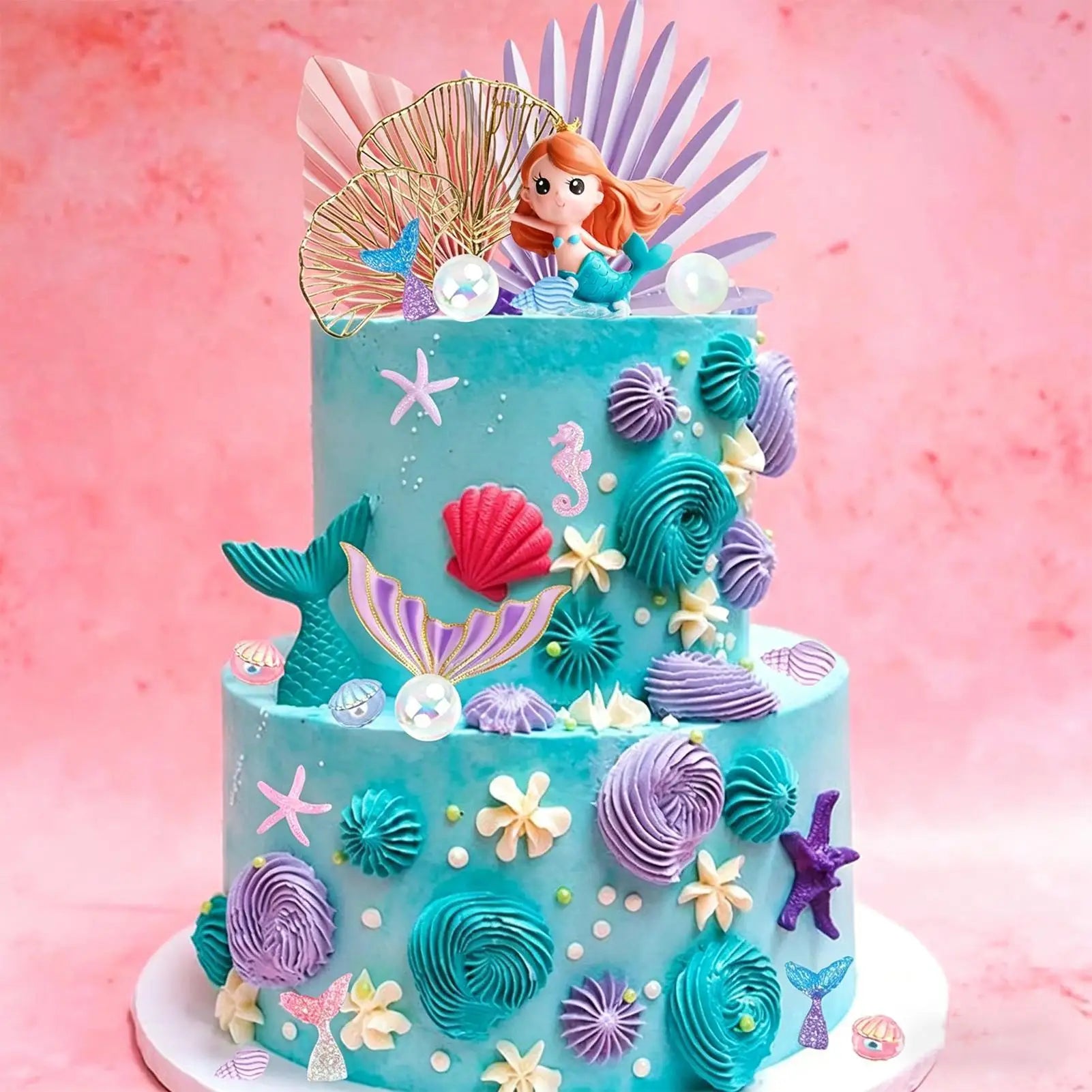 Mermaid Tail Cake Topper Fish Tails Starfish Seashells Crafts Mermaid Cake Decor Set For Kids Girls Boys Students Family Holiday Qme