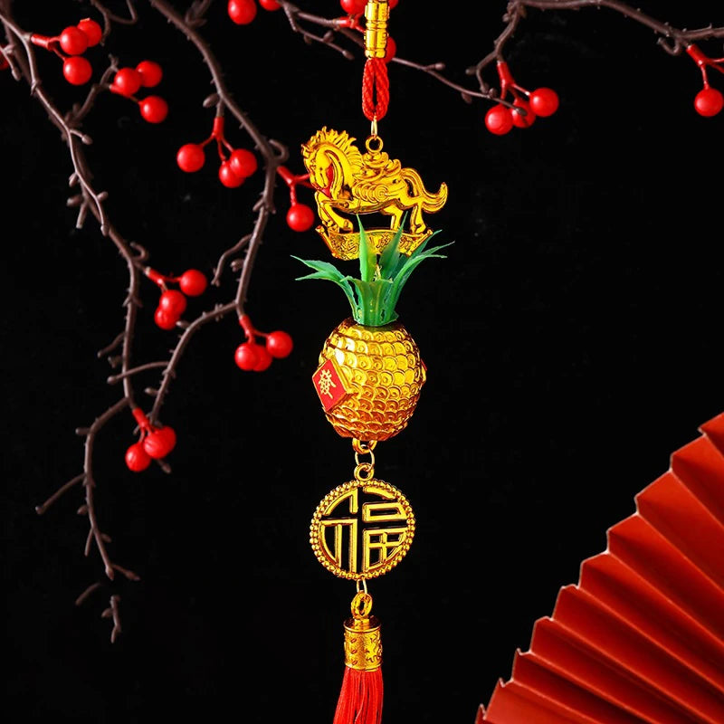 Chinese Year 2026 Celebration Decor Horse Red Gold Pineapple Hanging Qme