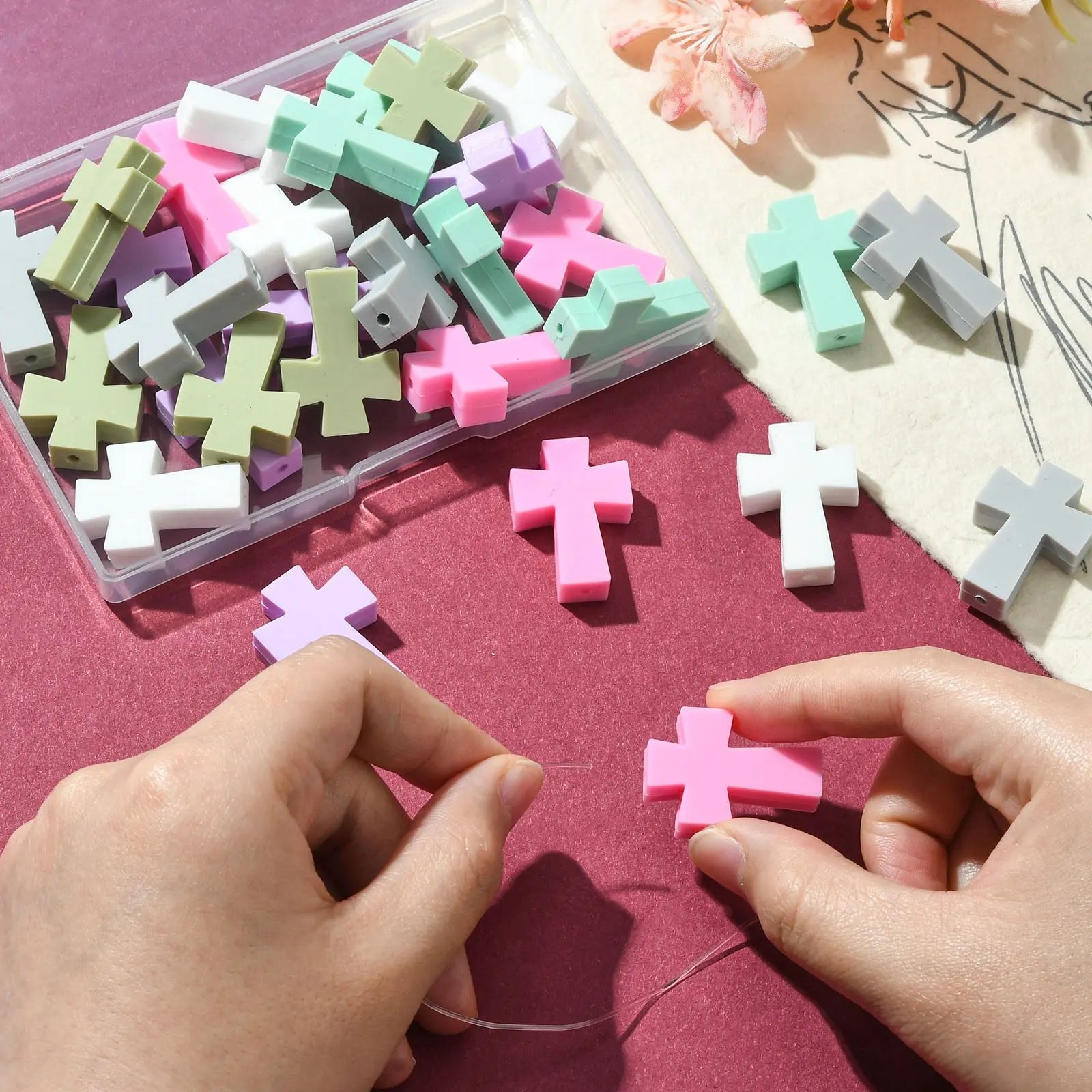 Pandahall 30Pcs 6 Colors Easter Cross Silicone Beads Religion Crucifix Holy Focal Beads for Jewelry Making Supplies Qme