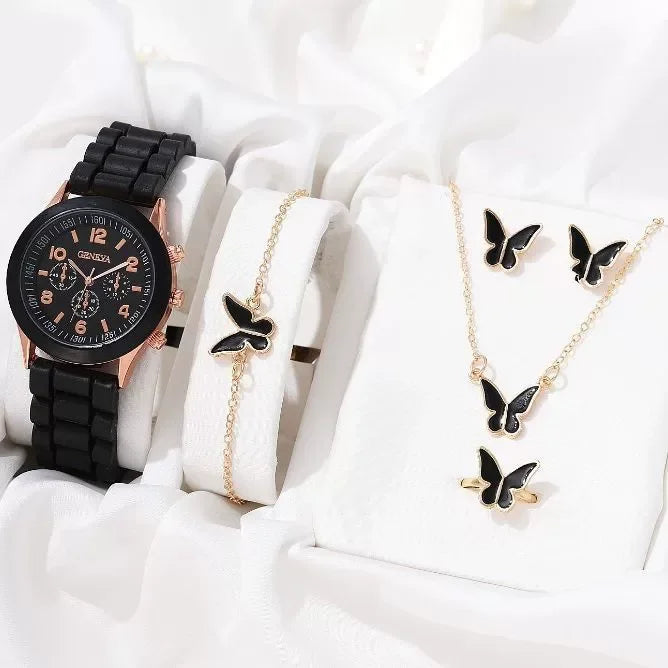6PCS Women's Watch Fashion Silicone Band Quartz Watches Pearls Heart Jewelry Set（Without Box） Qme Boxes not included 4
