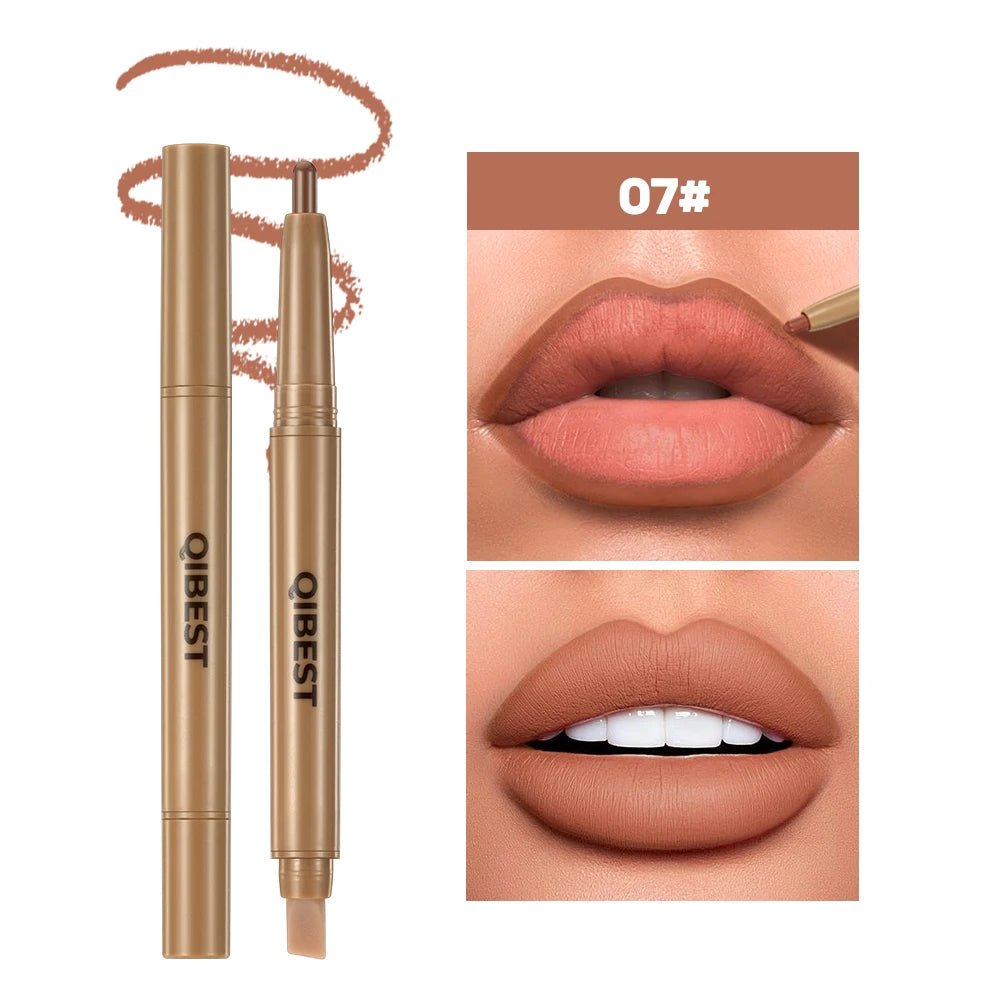 QIBEST Double Head Lip Liner&Brush Pen Makeup Mist Matte Contour Tint Lipstick Pencil 2 In 1 Stick Lasting Nude Black Lipliner Qme 07