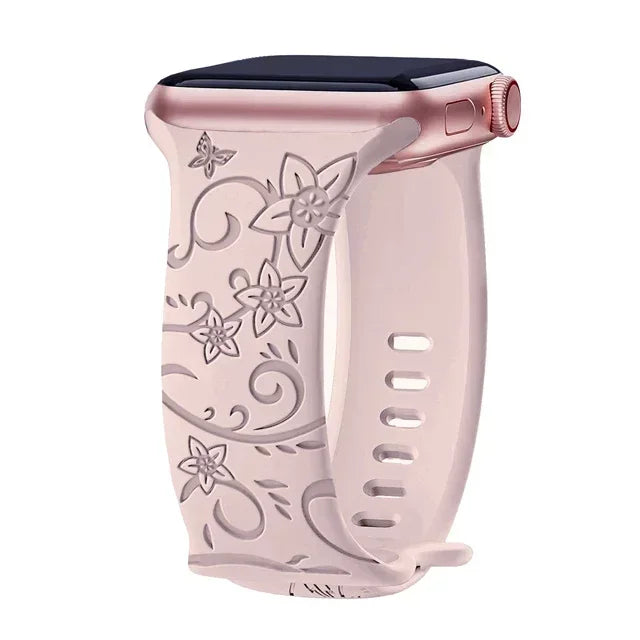 Floral Engraved Strap For Apple Watch Band 40mm 44mm 41mm 49mm 45mm 38mm 42mm silicone bracelet iwatch series 9 7 se 6 8 ultra 2 Qme Wildflower Pink 42mm 44mm 45mm 49mm