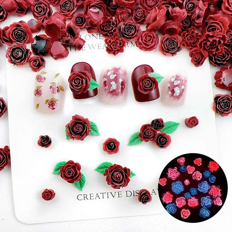 Random Mixed Wine Red Rose Nail Art Charms Luminous Flowers Qme