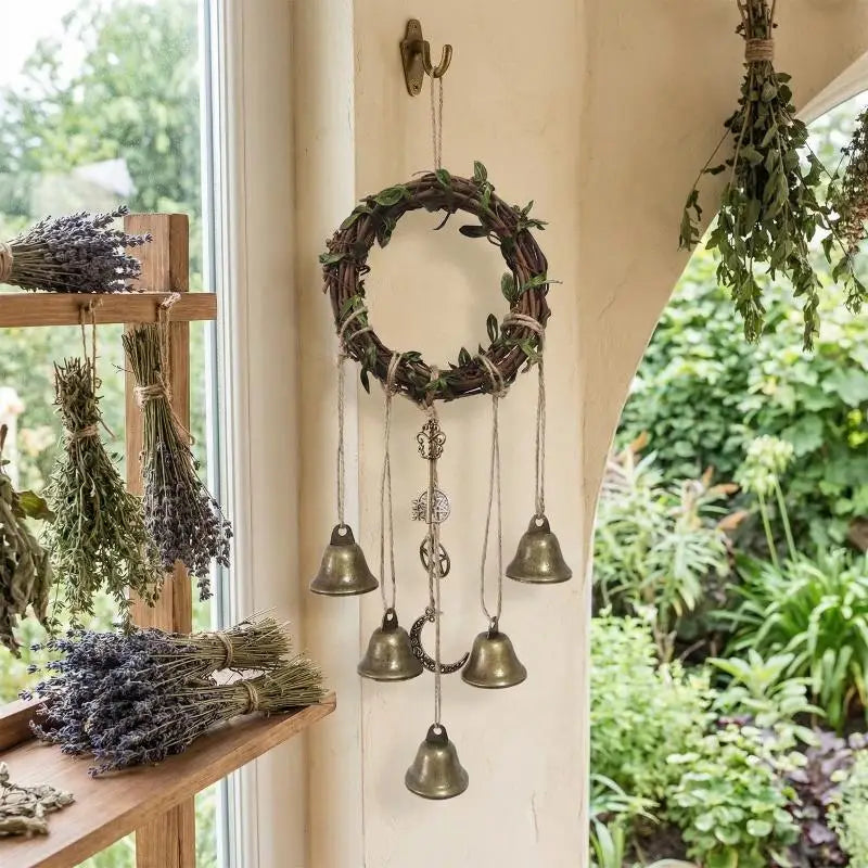 Home Door Hanging Witch Rattan Wreath Rope Porch Garden Bells Decor Qme