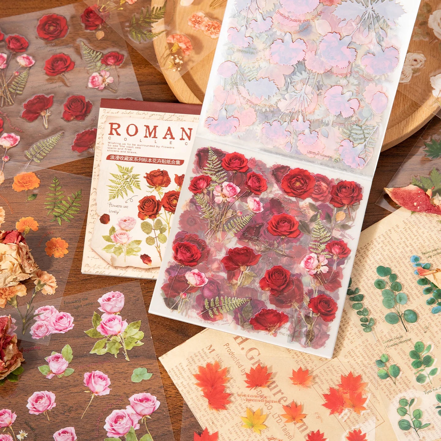 30 Sheets Kawaii Flower & Plant Pattern Flash Film Die Cutting Sticker Book for DIY Scrapbook Diary Album Aesthetic Stationery Qme 2A