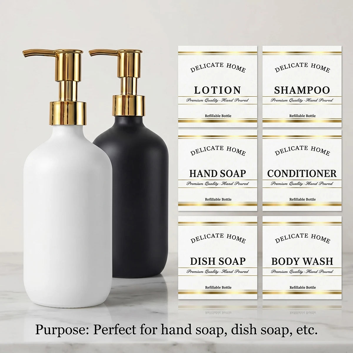 Kitchen Soap Dispenser Set- Matte Black and White Plastic Hand & Dish Soap Dispensers-16oz Refillable Bottles with Gold Pumps Qme black