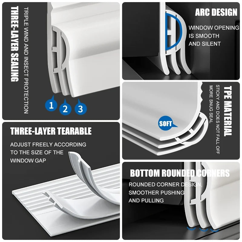 2/4M TPE Anti-Cold Sliding Window Seal Strip Sound Insulation Self Adhesive Triple Windproof Door Under Adjustable Weatherstrip Qme